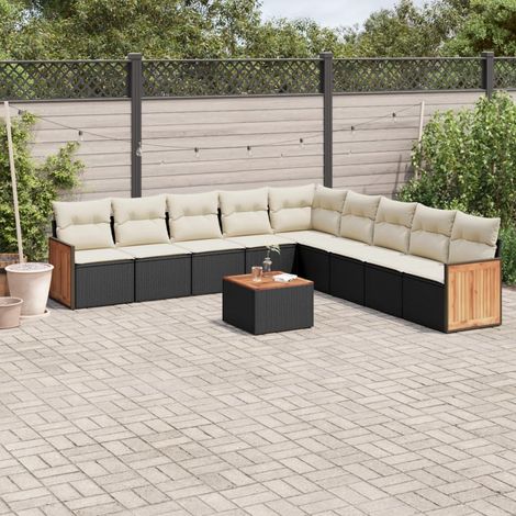 Ensemble Salon Jardin 10 Places Noir Résine Tressée avec Coussins Crème - Table Acacia, Mobilier Extérieur Modulaire (1/5)