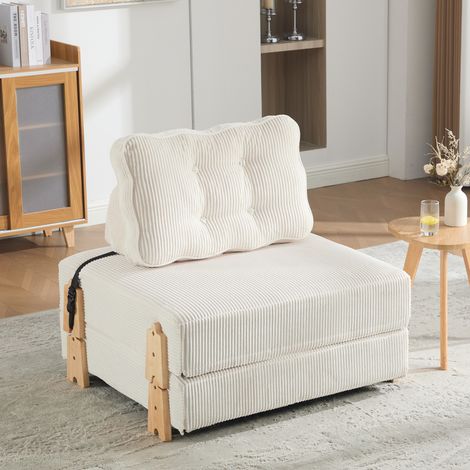 Canapé convertible 1 place, fauteuil lit pliable en velours côtelé, dossier rembourré et pieds en bois, lit d’appoint gain de place, Beige (1/5)