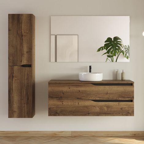 Meuble de salle de bain 120cm avec plateau et vasque ronde Ares - 2 tiroirs et colonne de rangement - tabaco (chêne foncé) - LUNA