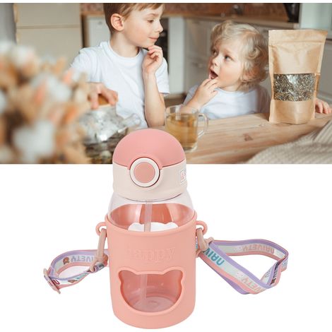 Picknick-Wasserflasche, Strohhalm-Wasserflasche für Zuhause, stylisch und tragbar, kreativer Becher für Kinder und Schüler, rosa mit Aufklebern. (1/5)