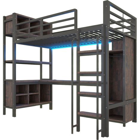 Letto a soppalco 90 x 200 cm con scrivania, armadio, LED e prese EU, nero (1/5)