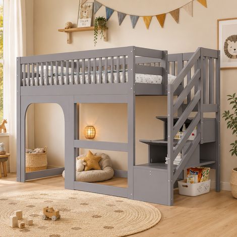 Lit mezzanine enfant 90x200 cm, lit cabane avec porte et fenêtre, échelle, rangement sous lit, LED, barrière de sécurité, sommier à lattes, gris (1/5)