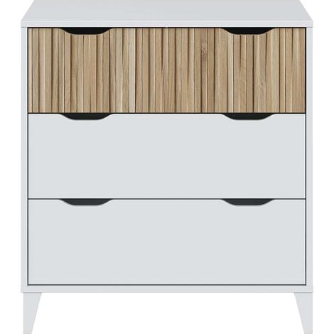 Commode meuble de rangement avec 3 tiroirs coloris Blanc/chêne - Longueur 70,5 X Profondeur 40 X Hauteur 76 cm (1/5)