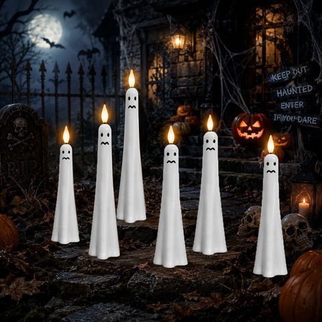 Neue LED-Stabkerzen mit Sensor – Gruselige Halloween-LED-Kerzen mit Lichtsensor (Design mit weinendem Gesicht) – 6 Stück – Fernbedienungsversion