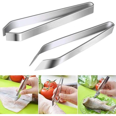 Set di 2 pinzette per lische di pesce, pinzette angolate per lische di pesce, in acciaio inossidabile, 11 cm, per rimuovere le lische di pesce, pinzette da cucina (1/5)
