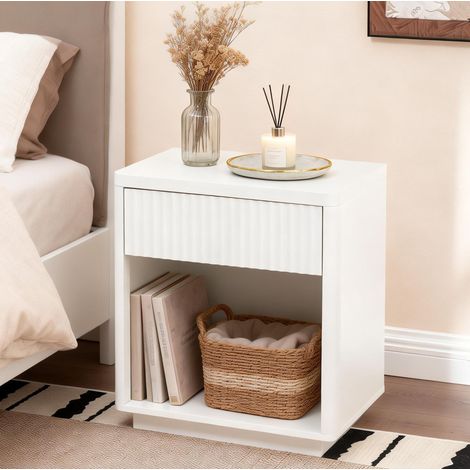 Mesita de noche 63.5x38x46.5 cm blanca de MDF con cajón y estante abierto (1/5)