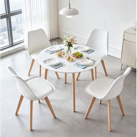 Set tavolo rotondo e 4 sedie 80x80x75 cm in legno bianco moderno FloraGrace (1/5)