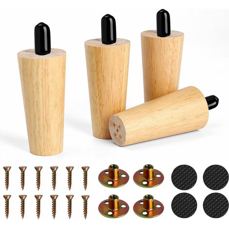 Pieds de Meuble en Bois Massif 20cm, Lot de 4 Pieds Coniques de Table en Bois avec Plaques de Fixation, Vis et Patins Antidérapants, pour Table, Lit, Canapé, Fauteuil et Armoire (4,20cm) (1/5)