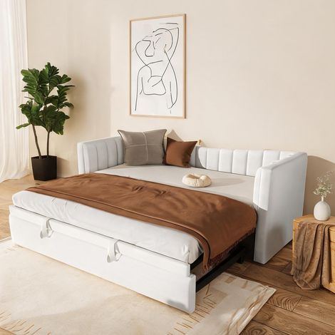 Cadre de lit coloris blanc en velours 215 x 196,5 x 75 cm (1/5)