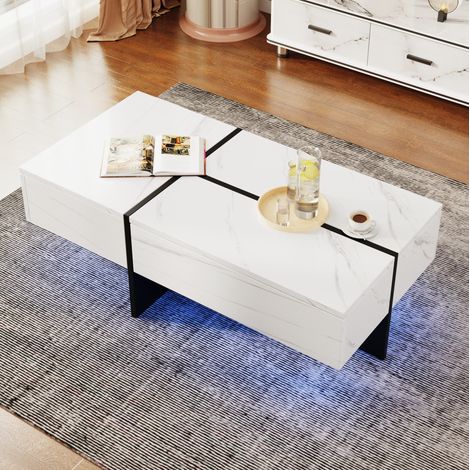 Couchtisch 100x50x34.5 cm weiß aus Spanplatte in Marmoroptik mit LED-Beleuchtung und 3 Schubladen (1/5)