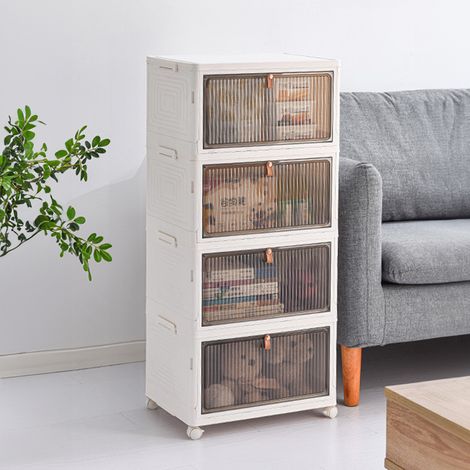 White 4 Tier Foldable Storage Cabinet with Wheels (1/5)