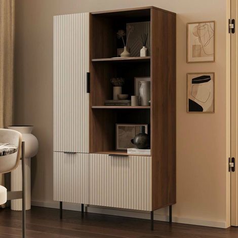 Librería Mazze, estantería con compartimentos abiertos y tres puertas, diseño moderno y minimalista, 165x42 h90 cm, nogal y beige (1/5)