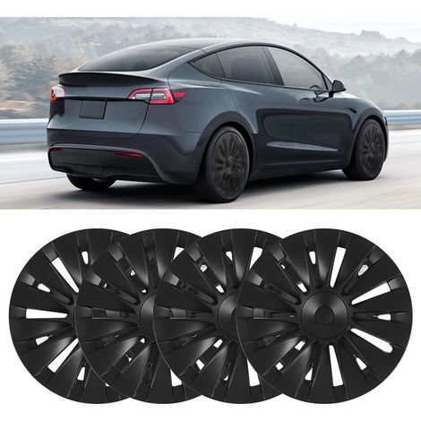 (T04) (Video verfügbar) 4 mattschwarze Radkappen für 19-Zoll-Felgen des Tesla Model Y (2020-2023) (Glatte, rechtwinklige Oberfläche, keine Kratzer) (Übergröße) (Zusätzliches Gewicht) (1/5)