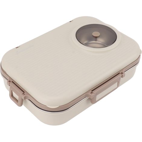 Boîte à lunch en acier inoxydable beige étanche, 4 compartiments, 1200 ml, avec bol à soupe, cuillère et baguettes. Idéale pour le camping et les pique-niques. (1/5)