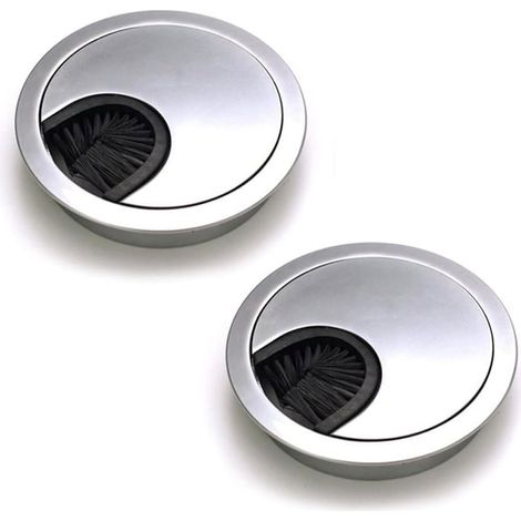 APEX Lot de 2 Passe Câbles Ronds Encastrables, Fil Métal Acier Brossé Design, Rangements de Câbles pour Table de Bureau Diamètre 60 mm - Argent Perle Chrome (1/5)