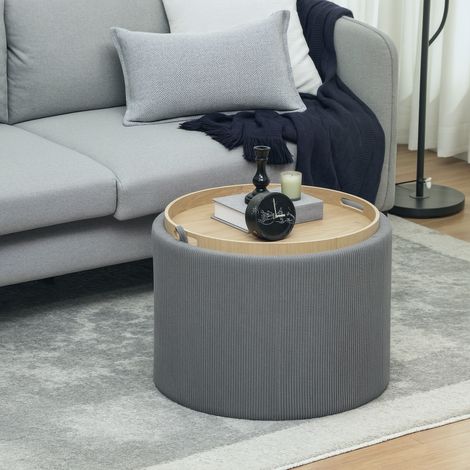 Pouf de rangement rond avec espace de rangement et repose-pieds, en tissu velours côtelé et MDF, gris. (1/5)