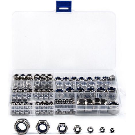 Sollbry Metrisches Nylon-Sicherungsmuttern-Set, 170 M3/M4/M6/M8/M10/M12-Gewinde, selbstsicherndes Sechskant-Sicherungsmuttern-Set aus Edelstahl (1/3)