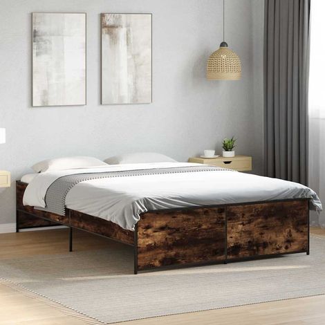 Cadre de lit 135 x 190 cm à lattes, bois d’ingénierie chêne fumé, pieds métal, sans matelas - PANGIVO (1/5)