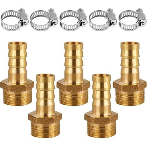 Lot de 5 raccords de tuyau en laiton de 10 mm x 1/4" filetage extérieur pour air, gaz, eau, carburant avec 5 colliers de serrage" (1/5)
