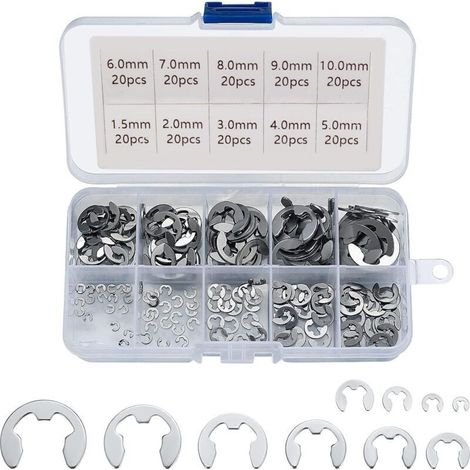 Anneaux élastiques externes en acier inoxydable 304. assortiment de 200 anneaux élastiques de 1.5/2/3/4/5/6/7/8/9/10 mm. usages divers. (1/5)