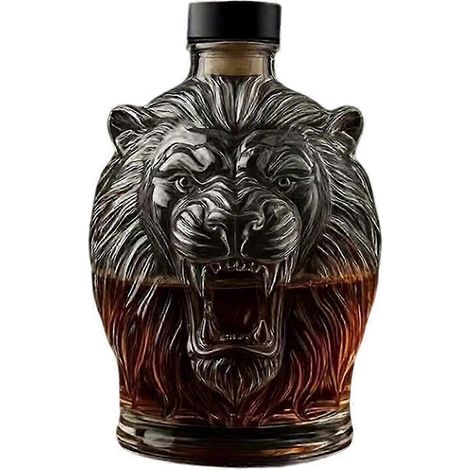 Distributeur de boissons en verre au design unique de tête de lion, idéal pour conserver whiskies, vins et cocktails. (1/5)