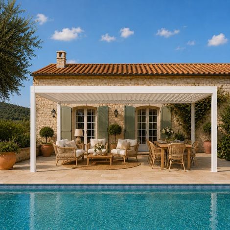 Pergola Bioclimatique Aluminium Autoportante Motorisée Éclairée 5x3,5 Blanc Caleta France (1/5)
