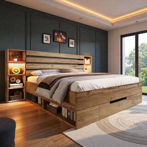 Lit Double en Bois Massif 160x200 avec éclairage LED,Port USB-C,tiroirs,Tête de lit avec Rangement,Cadre de lit 160x200 avec sommier à Lattes,Couleur chêne (1/5)