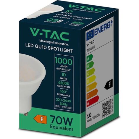 Faretto led gu10 v-tac 10w 6500k con copertura satinata fascio ampio 110° - 218801 (1/2)