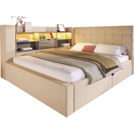 Lit coffre 140x200 cm LED avec matelas, tête de lit L réversible, rangement hydraulique, ports USB et tissu beige - CHICFURN (1/5)