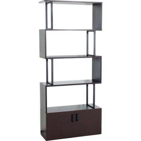 Libreria scaffale 3D MDF HHG-187 4 ripiani scomparto portaoggetti 31x80x183cm legno metallo marrone scuro (1/5)