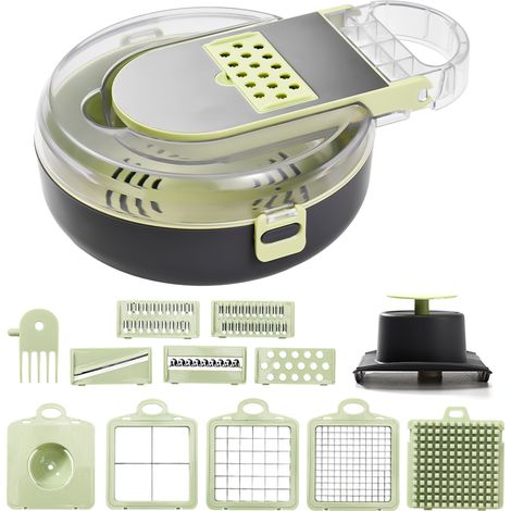 Hachoir à oignons multifonctionnel 13 en 1 avec récipient, ustensile de cuisine gain de temps, coupe-légumes pour oignons, tomates et pommes de terre, avec récipient de rangement et protège-mains. (1/2)