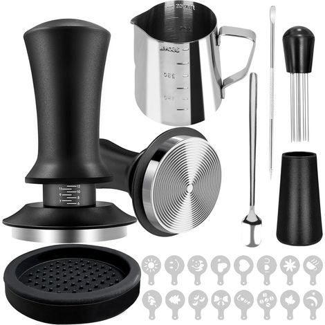 22 Pièces d'Accessoires à Espresso, Ensemble de Tasseur à Café Espresso de 51 mm, avec Tasseur à Espresso, Outil WDT, Agitateur de Café, Pichet à Mousser, Stylo pour Art du Lait, Tapis de Tasseur, Poc (1/5)