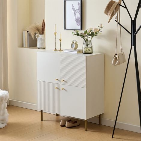 Buffet Bahut Moderne en MDF - 80x36x90cm - Commode de Rangement Blanche avec Poignées en Alliage et Pieds en Acier - Blanc (1/5)