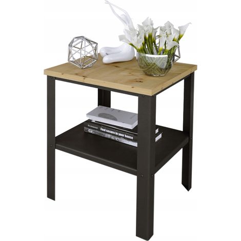 Table basse industrielle style loft avec étagère intégrée 40x40x45 cm, noir et chêne artisanal (1/4)