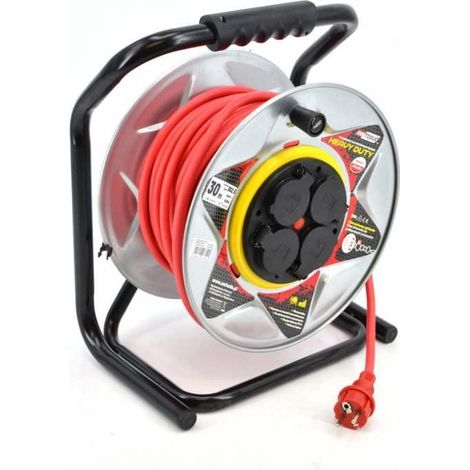 Prolunga avvolgicavo in metallo rosso Heavy Duty, Awtools, modello 25m 3x2,5mm 16A 3680W IP44, ideale per uso esterno, impermeabile e antipolvere, potente e sicuro per gli elettroutensili de alta rich