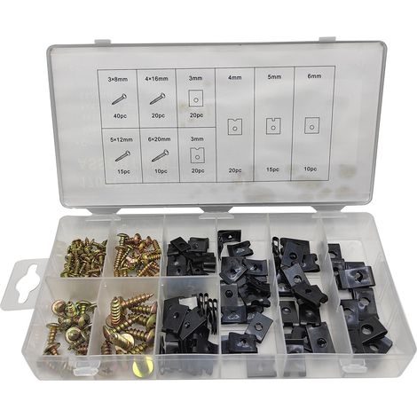 Vis Et Écrous Clips En U - 170 Pièces Pour Carrosserie Automobile - Fixation Sans Filetage - 85 Vis Carrosserie + 85 Écrous À Clip U - 10 mm Largeur (1/5)