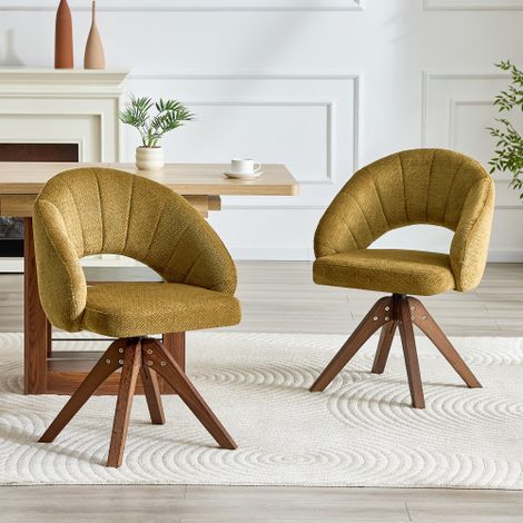 2er-Set Retro-Drehstühle. Ingwerfarbener Strukturstoff mit nussbaumfarbenen Massivholzbeinen, 360° geräuschlose Drehung und gewölbter Rückenlehne. Geeignet für Esszimmer und Wohnzimmer.