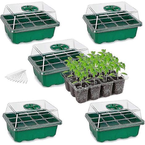 Kit de semis en 5 plateaux, avec dômes d'humidité et base (12 alvéoles par plateau) - Vert (1/5)