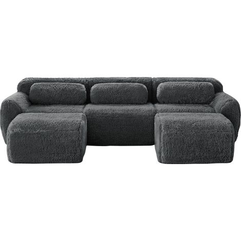 Modulares Sofa 3 Plätze aus Veloursstoff mit 2 Hocker, Rutschfeste Basis, Breite Sitzfläche und 3 Kissen, Grau (1/5)
