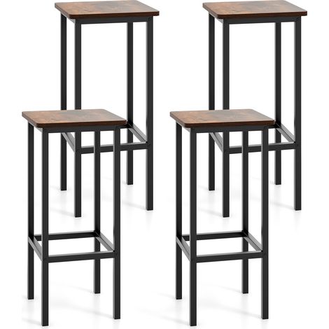 Lot de 4 tabourets de bar marron rustique avec pieds en métal, repose-pieds et patins antidérapants pour cuisine (1/5)
