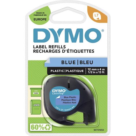 Ruban étiqueteuse plastique Dymo Letratag S0721650 fond bleu écriture noire 12 mm x 4 m
