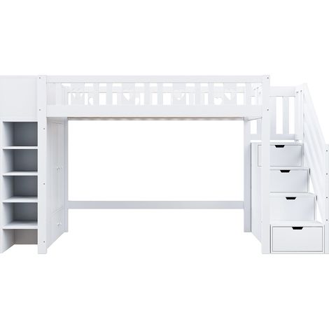 Lit mezzanine 90 x 200 cm avec escalier de rangement étagères et armoire rabattable blanc (1/5)