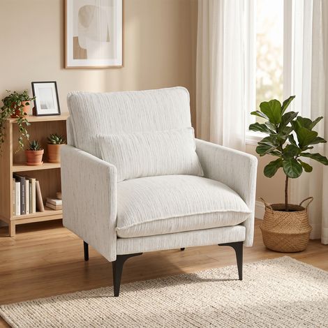 Fauteuil lounge rembourré en tissu effet lin avec accoudoirs, coussin lombaire et assise large, blanc (1/5)