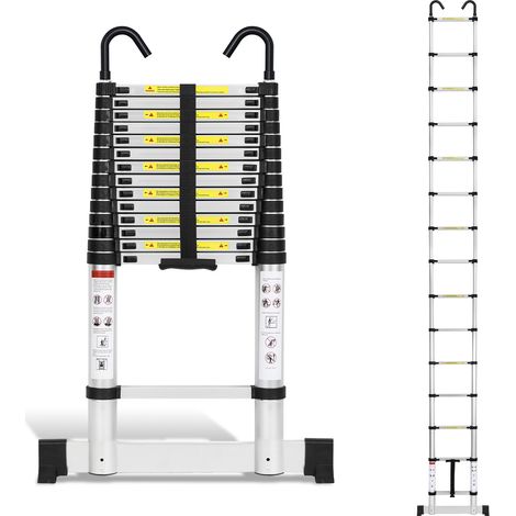 TolleTour Scala telescopica in alluminio argento da 4,4 m con 2 ganci e stabilizzatore, portata fino a 150 kg