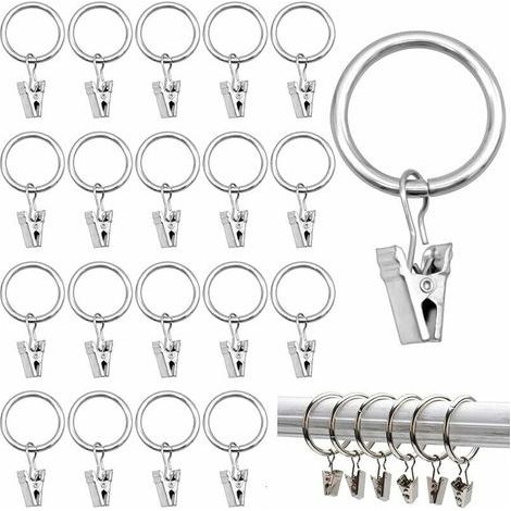 40 Stück Gardinenringe mit Clips (Silber) 25 mm, Gardinenringe mit Clips, rostfreie Metall-Gardinenringe mit Clips (1/4)