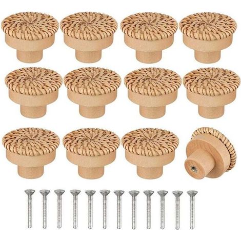 Lot de 12 boutons de commode ronds en rotin de style bohème - Fabriqués à la main - Avec vis - Pour meubles en bois - Pour commode, tiroirs, armoire LO-Ron (1/5)