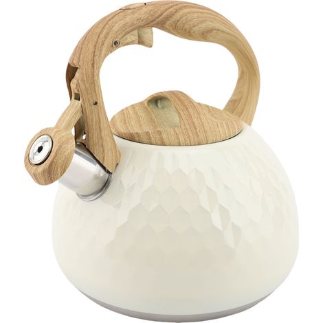 Bollitore in acciaio inox martellato, 3 litri, ebollizione rapida con fischietto, compatibile con piani cottura a gas e a induzione, colore bianco. (1/4)