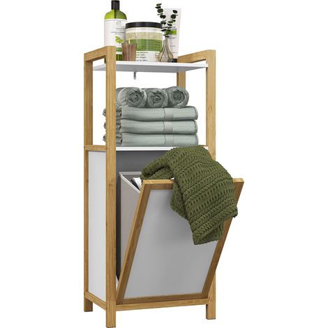 Meuble sur pied en bambou panier à linge salle de bain gain de place - 2 étagères - dim. 40L x 30l x 86,5H cm