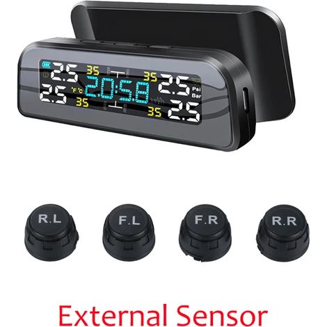Système de surveillance de la pression des pneus sans fil universel pour véhicules (externes) : horloge solaire avec écran LCD et 4 capteurs externes. (1/5)