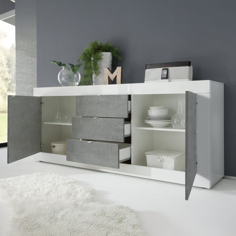 Kommode Pasubio, Anrichte 2 Regale, 3 Schubladen Made in Italy, 2 Türen, 210x42x85,8h cm Hochglanz Weiß (1/4)